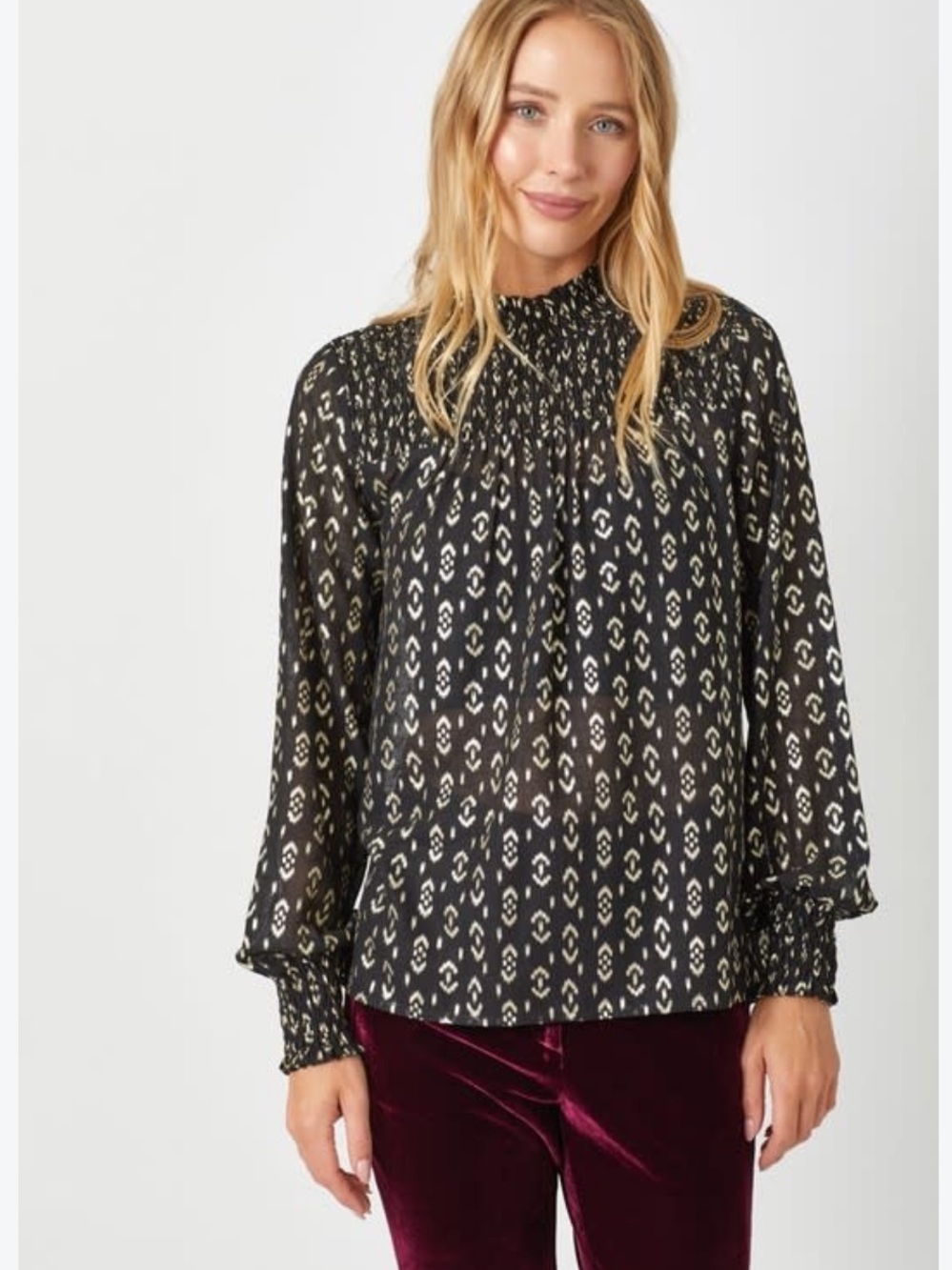 Mystree Black Printed Smocked-Neck Blouse